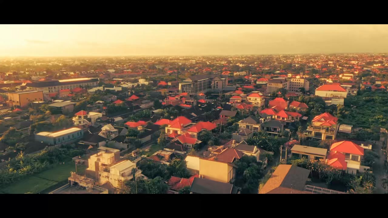 Aerial view of Bali at sunset from Martin and Coleen’s proposal film